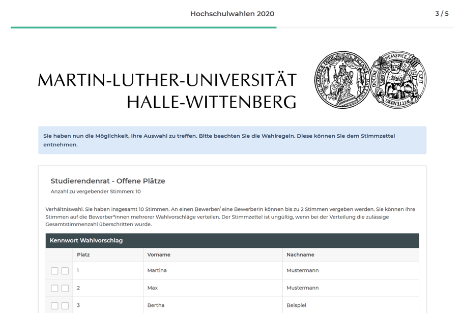 Vorschau auf den ersten Stimmzettel im Wahlportal mit Beispieldaten